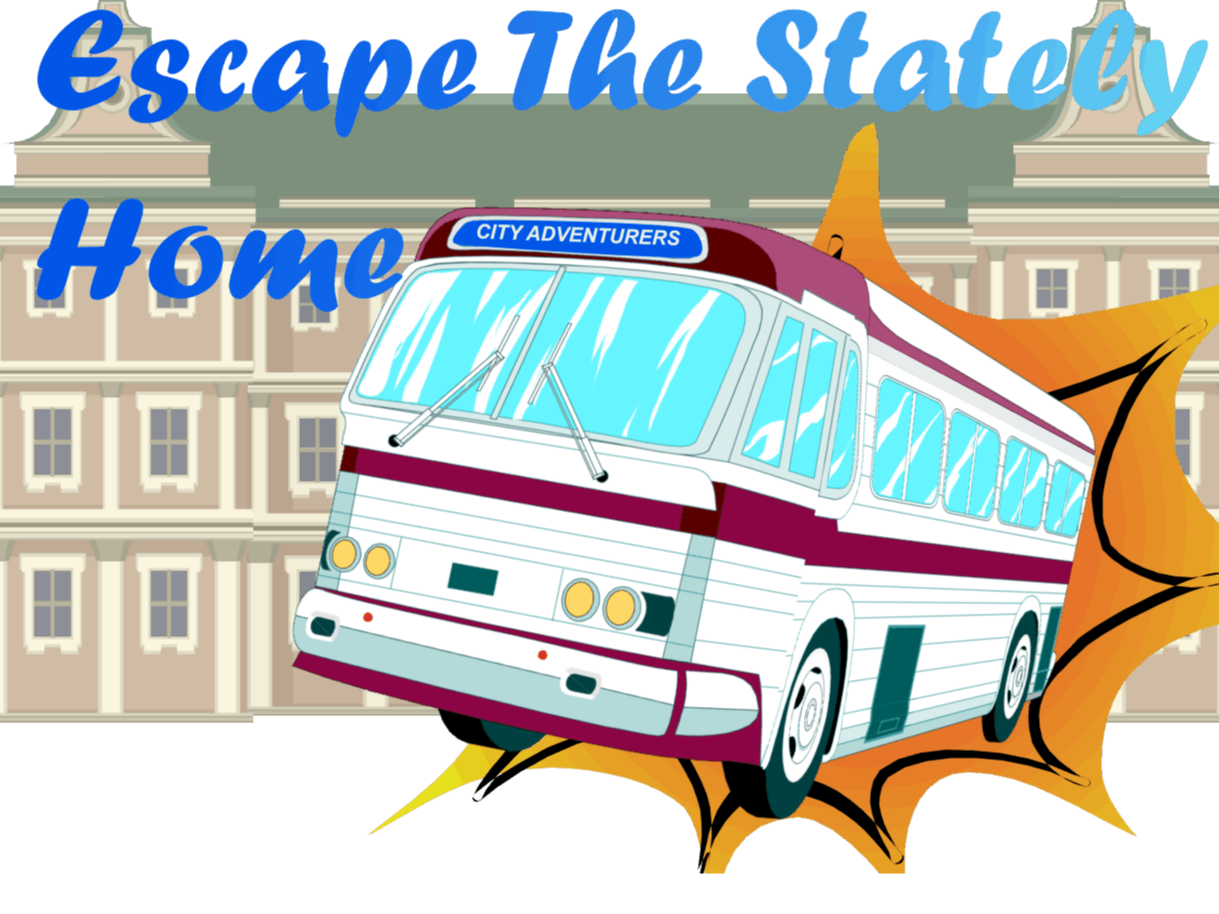 pop up escape room Drawing of a coach trying to escape from a stately home and text stating escape the stately home
